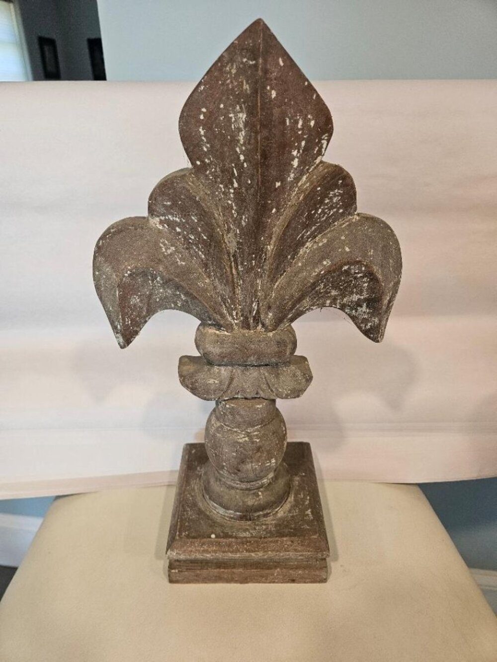 Vintage Carved Wood Fleur De Lis Pedestal Finial Statue Home Decor 15"
